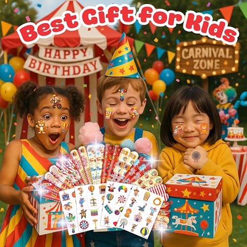 72PCS Carnival Party Set 48PCS Temporary Tattoos & 24PCS Slap Bracelets Fun Circus Themed Birthday Supplies, Baby Shower Gifts, Classroom Rewards & Party Decor for Kids Boys & Girls