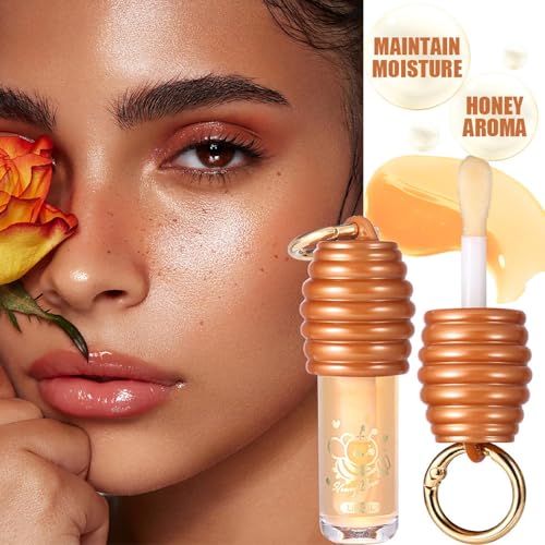 Honey Hydrating Lip Oil,Cute Lip Gloss Keychain,Clear Lip Oil for Women,Lip Gloss Flavoring Oil With Vitamin E Moisturized Shiny Lips for Girls