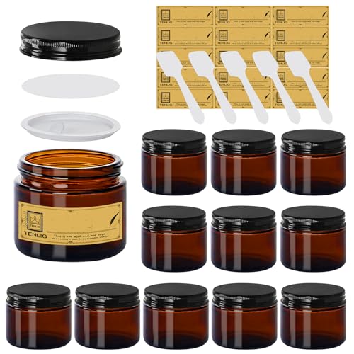 2 oz Glass Jars with Lids,Amber,12 Pack Empty Cosmetic Containers with Inner lids and Inner Liners,Black Metal Lid,Refillable Round Airtight Jars,Use to store Lotion,Powders,Candle Making