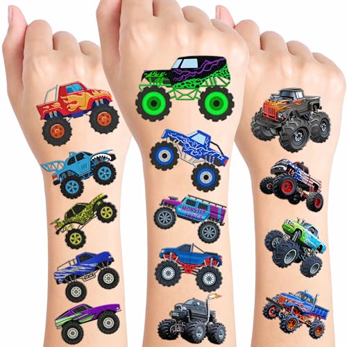 96PCS Monster Truck Pre-Cut Temporary Tattoos for Kids - Super Cute Birthday Party Supplies, Favors, and Decorations - Fake Tattoos Stickers for Boys, School Rewards, and Gifts (Normal)