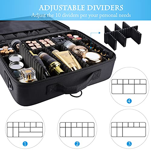 JOURMON Travel Makeup Train Case,Large Capacity Cosmetic Bags for Women,Portable Makeup Bag Organizer with Adjustable Dividers & Shoulder Strap (Black, L)