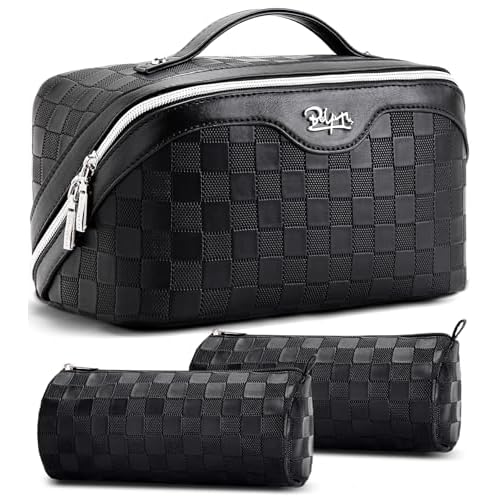 BOYATU Travel Makeup Bag Organizer Cosmetic Bag: 3 Pcs Set Large Capacity Make up Bag with Compartments - Waterproof Leather Toiletry Bags with Handle Travel Essentials Case Gifts for Women (01-Black)