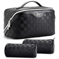 BOYATU Travel Makeup Bag Organizer Cosmetic Bag: 3 Pcs Set Large Capacity Make up Bag with Compartments - Waterproof Leather Toiletry Bags with Handle Travel Essentials Case Gifts for Women (01-Black)
