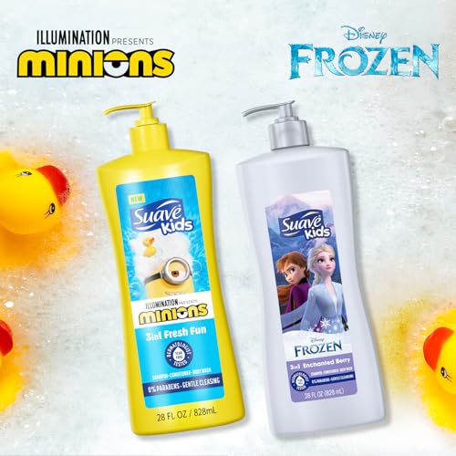Suave Kids 3-in-1 Variety 2-Pack ??Minions Fresh Fun + Frozen Elsa Berry Flurry Tear-Free Shampoo, Conditioner & Body Wash, 28 Oz Ea