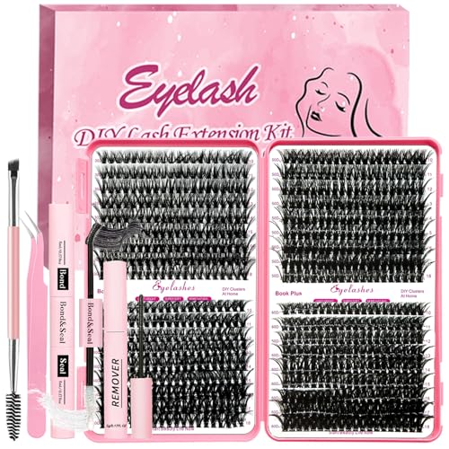 DIY Lash Extension Kit 720pcs Individual Lashes Clusters D Curl Eyelash Extension Kit with Lash Bond and Seal, Eyelash Remover Tweezers Brush(10-18mm,30D+40D+50D+60D) Lash Books DIY at Home