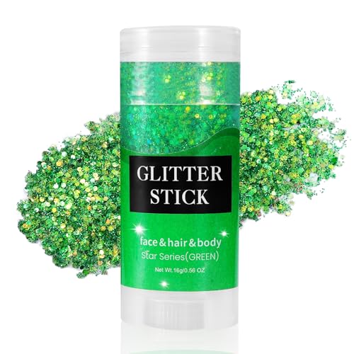 Mysense Green Body Glitter Stick, Mardi Gras Face Hair Glitter, Festival Rave Outfits for Women, St Patricks Day Accessories, Sparkling Mermaid Sequins Chunky Glitter Makeup, 0.56oz