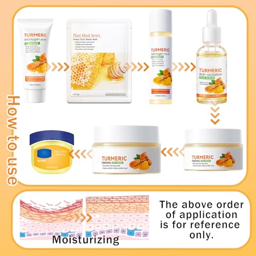 9 Pcs Turmeric Skincare Set with Moisturizing Facial Cleanser,Toner,Face Serum, Facial Cream, Eye Cream,Travel Size Lip Balm and 3 Hydrating Face Sheet Masks Skin Care Set