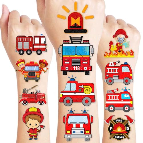 96PCS Fire Truck Pre-Cut Temporary Tattoos for Kids ? Firefighter Party Favors Supplies, Emergency Vehicle Theme Decorations, Fireman Birthday Tattoo Stickers for Boys Girls Classroom Rewards