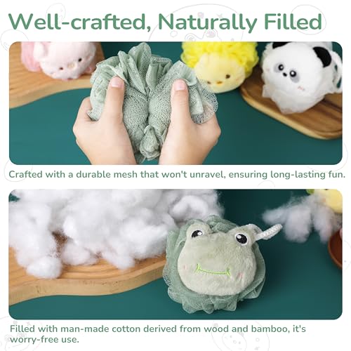 4 Pcs Kids Shower Loofah Set - Cute Animal Body Scrubber Sponges, Gentle Exfoliating Pouf for Boys and Girls Bath Time, Soft Bath Sponges for Children (Assorted Animals)