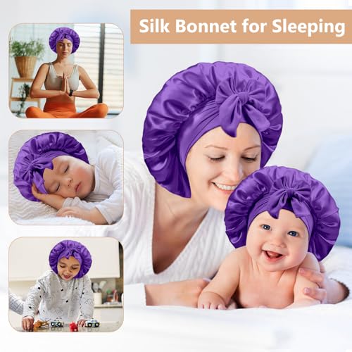 2 PCS Mommy and Me Bonnet Set, Silk and Satin Bonnets for Sleeping with Elastic Tie Band, Adjustable Hair Bonnets for Women, Girls, Kids and Toddlers (Dark Purple)