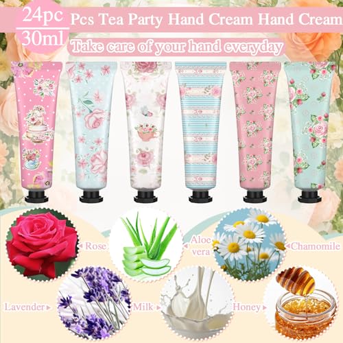 Tea Party Hand Cream Gift Set Wonderland Floral Tea Party Favor Flower Moisturizing Hand Lotion Bulk Dry Cracked Care Cream Teapot Favor Boxes Treat Gift Goodie for Baby Shower, 30 ml(24 Pcs)