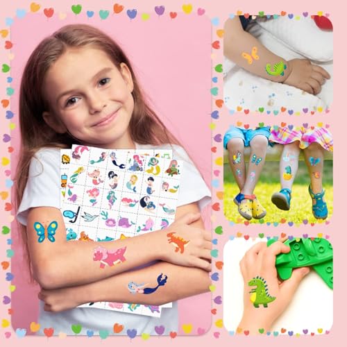 Partywind 384 Mixed Styles Temporary Tattoos for Kids, Cute Tattoo Stickers as Birthday Surprise Boys and Girls, Party Supplies Favors with Dinosaur/Mermaid/Pirate and More (8 Sheets)