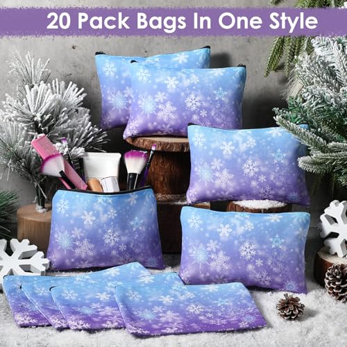 20 Pcs Snowflake Frozens Party Favor Bags for Women Girls Bulk Snowflake Canvas Zipper Makeup Bags Wonderland Goodie Decorations for Holiday Birthday Frozens Party Supplies