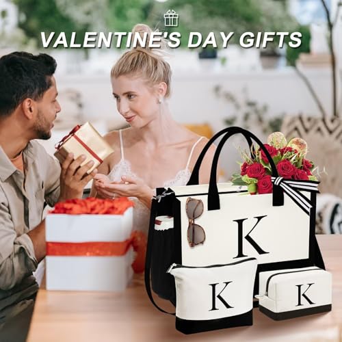 YOOLIFE Gifts for Women - Initial Canvas Tote Bag & Makeup Bag, Birthday Gifts for Women Mom Sister Friends