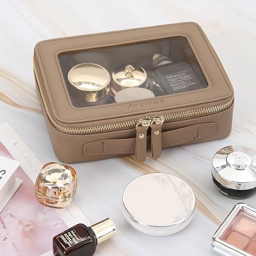 Aveniee Clear Makeup Bag for Women, Small Toiletry Travel Bag with Zipper, Portable Cosmetic Organizer Pouch for Skincare, Car Organizer Storage Bag for Essentials, Mocha Brown,Medium Classic