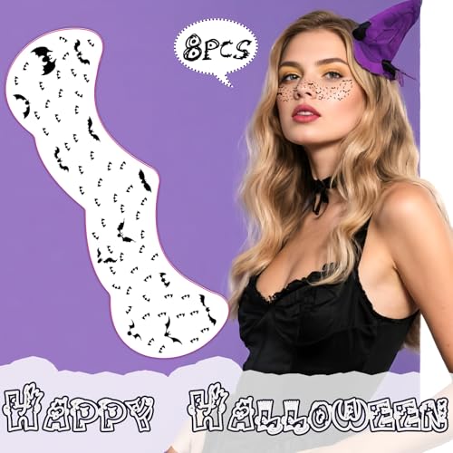 Halloween Black Bat Freckles Temporary Tattoos - Removable & Waterproof,Easy Apply Party Role-Playing Face Stickers Freckles Tattoo Art, Gothic Scary Party Costume Accessories (8 PCS)