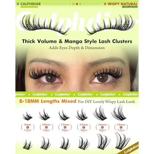 Calphdiar DIY Lash Extension Kit Thick Lash Clusters Kit Wispy Eyelash Clusters 8-18mm D Curve Eyelash Extension Kit Manga Spiky Lash Extension Individual Lashes with Lash Bond and Seal Tweezers