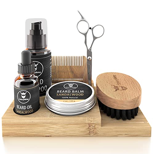 Striking Viking Beard Growth Kit - 7-Piece Set, Sandalwood - Softening Sandalwood Beard Oil & Balm - Brush with Mustache Comb & Scissors - Compact Caddy Organizer & Gifts for Men