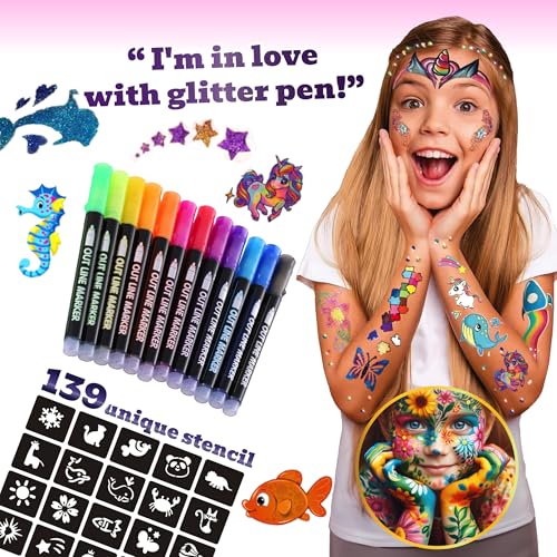 Glitter Tattoos for kids, Temporary Glitter Tattoo Markers for Skin, Glitter tattoo kit, Temporary Tattoos, face glitter, party bag fillers, girls birthday present, face glitter festival, face paint