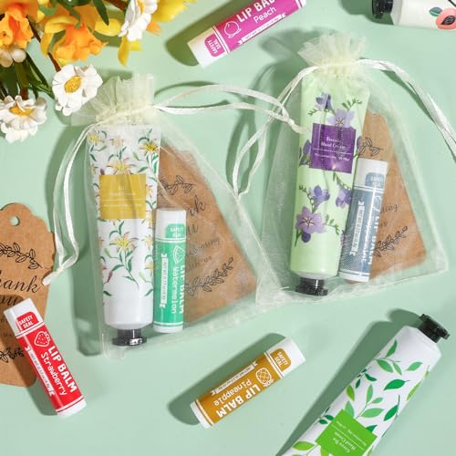 AZEN 60 Sets Bulk Gifts, Hand Cream and Lip Balm Bulk Set with Organza Bag Thank You Card, Baby Shower Wedding Gifts for Guests, Bridal Wedding Favors
