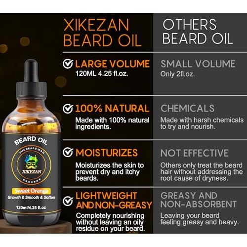 Beard Oil,120ml/4.25fl.oz Oil Promote Large Volume Beard Growth,Leave in Conditioner Beard Care Natural Sweet Orange Scent Mustaches Growth Soften Strength,Gifts for Men Him Dad