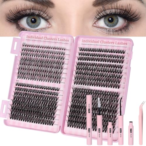 AOMIG Cluster Eyelash Extensions Kit, 640PCS Volume Fluffy Lash Clusters, 8-16mm Individual Lashes Kit with Eyelash Bond and Tweezers, Thick Eye Lash Clusters DIY Cat Eye Lashes Natural Looking