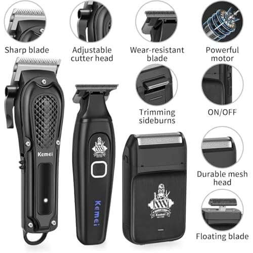 KEMEI Cordless Hair Clippers for Men, Beard Trimmer, Electric Razor, Rechargeable Electric Barber Hair Cutting Grooming Kit, Wet/Dry Trimmer, KM-1071, KM-1747, KM-T366