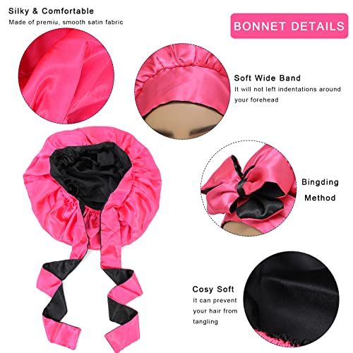 Satin Bonnet with Tie Band Adjustable Silk Bonnet Sleep Cap for Braids double layer with Tie for Sleeping (Hot Pink +Black)