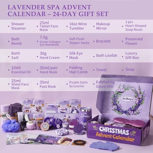 Advent Calendar 2026 Adult Women -24 Days of Christmas Advent Calendar for Mom, Wife, Girlfriend, Sister, Her - Lavender Spa Gifts Basket Set Includes Coffee Mugs, Scented Candle, Bath Salt, Soap