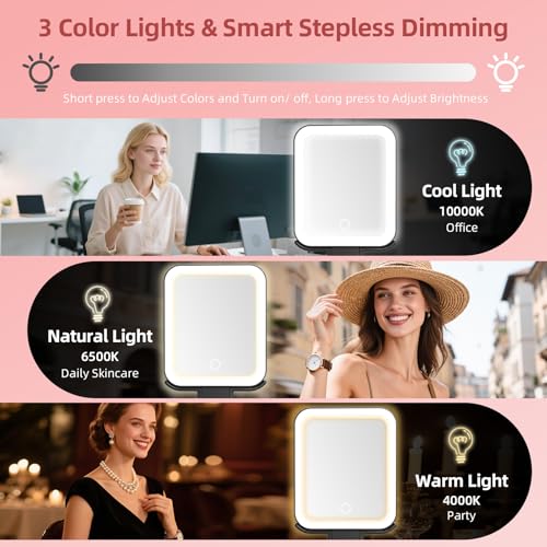 Travel Makeup Mirror with Lights, 1500mAh Rechargeable, Double-Sided 10X/1X Magnification, 3 Color Lighting, Smart Touch Dimming, Precision Tweezers, Lighted Mirror for Desk, Trip, Home, Office, Black