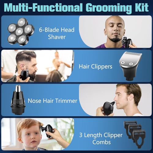 Head Shaver for Bald Men, 6-in-1 Electric Shaver for Bald Head 6D Wet/Dry Waterproof Mens Electric Razor Head Shavers Mens Grooming Kit Cordless Rechargeable Face Head Shaving Rotary Shaver