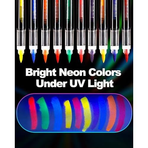 Glow Party Face & Body Paint Markers ? 10 Neon UV Reactive Blacklight Tattoo Pens with Fluorescent Stickers, Water-Resistant, Skin-Safe & Washable for Halloween, Raves (Glows Under UV Light)