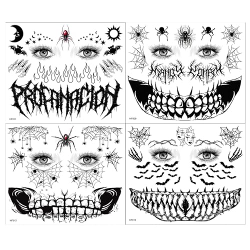 8 Sheets Halloween Face Temporary Tattoo Stickers Skeleton Mouth Tattoos 3D Spider Web Pumpkin Face Bat Spider Fake Tattoos Halloween Makeup Kit for Women Men