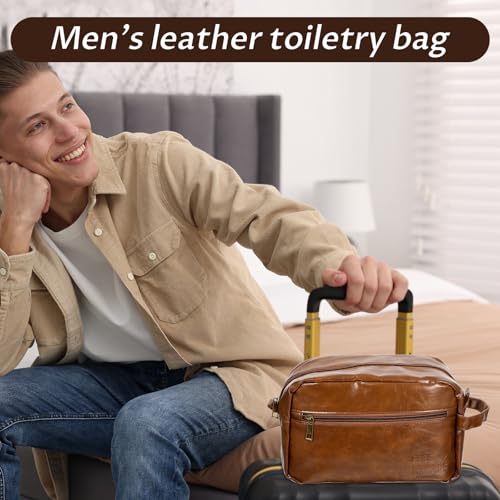 6Pcs Leather Toiletry Bags for Men, Water Resistant Groomsmen Gifts Set Men's Travel Shaving Kit Wedding Proposal Gift for Best Man Father (Brown)