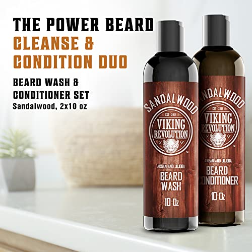 Beard Wash & Beard Conditioner Set w/Argan & Jojoba Oils - Softens & Strengthens - Natural Sandalwood Scent - Beard Shampoo w/Beard Oil (10oz)