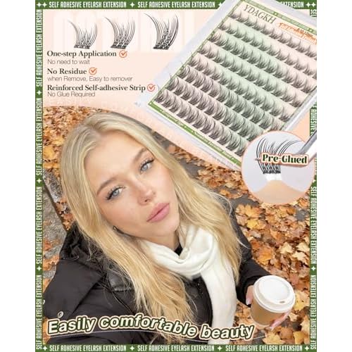 Short Self Adhesive Lash Clusters 8-10-12mm Natural Self Adhesive Eyelashes Pre Glued Individual Cluster Eyelash Extension Ultra-Thin Band Glueless Lashes Wispy No Glue Needed for Clean Beauty