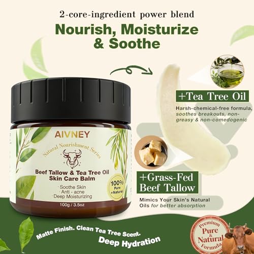 100% Grass Fed Beef Tallow & Tea Tree Oil Skin Care Balm ? Organic Jojoba Oil, Calendula Extract, Vitamin E | Balancing Anti-Acne Deep Moisturizer for Sensitive Skin Face & Body, 100g/3.5oz