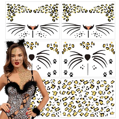 6 Sheets Leopard Print Temporary Tattoos Fake Cheetah Full Face Tattoo Stickers for Women Men Halloween Costume Accessories Leopard Face Body Makeup Decoration Party Supplies, 3 Styles
