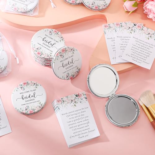 XunYee 24 Sets Bridal Shower Favors for Guests Flower Design Makeup Mirrors Leather Compact Mirrors Bridal Thank You Cards with Organza Bags Bridesmaid Gifts Wedding Party Favors Supplies (Pink)