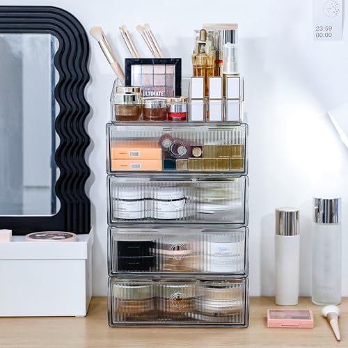 5-Tiers Makeup Organizer with Drawer for Vanity, Stackable Bathroom Storage Box for Beauty Essentials, Skincare Products, Cosmetic Brushes, Perfume Stand, Clear Lipsticks Holder
