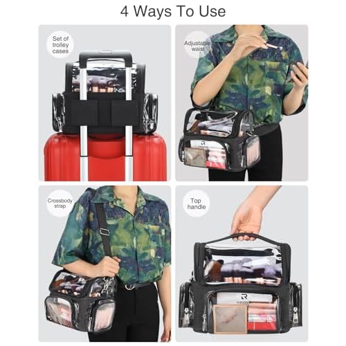 Makeup Brush Bag, Clear Makeup Brush Holder Professional Makeup Artist Travel Case Waterproof Cosmetic Organizer Bag, Full Open Easy to Access, with Adjustable Shoulder Strap and Dividers