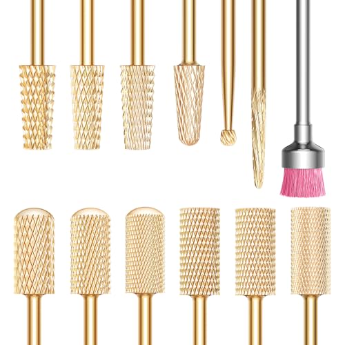 GLIX 13-Piece Professional Nail Drill Bits Set, Gold Tungsten Carbide E File Bits for Acrylic Nails & Gel Polish Removal, Ambidextrous Left/Right Hand Kit with 2XC Typhoon & Safety Cuticle Clean Bits