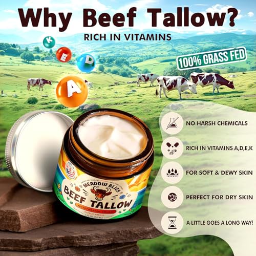 Beef Tallow for Skin - Moisturizer Cream - 100% Grass Fed - Whipped Beef Tallow - Organic Jojoba Oil - Organic Shea Butter - Supports Eczema, Rosacea - Made in USA - Unscented - 2 oz