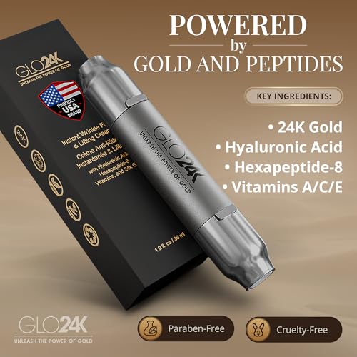 GLO24K Instant Wrinkle Filler for Face, XL Lifting Cream for Eye and Face, Lift and Tightening Non-Invasive with Hyaluronic Acid, 24k Gold, Peptides and Vitamins for Youthful Appearance, 1.2 fl oz