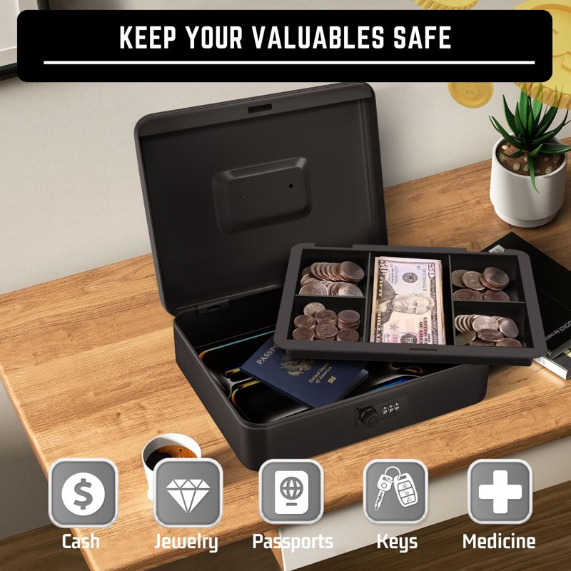 Metal Cash Box with Combination Lock and 5-Compartment Tray - Small Security Money Box