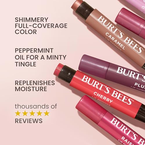 Burt's Bees Lip Shimmer, Raisin, Tinted Lip Balm Stick, Moisturizing for All Day Hydration with Natural Glowy Pigmented Finish & Buildable Color, 1 Count, 0.09 Oz