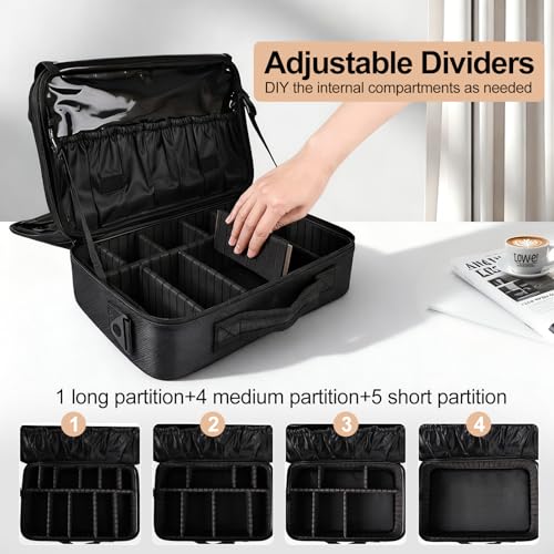 Greenfeather Travel Makeup Bag, Professional Cosmetic Train Case Organizer, Portable Travel Cosmetic Brush Bag Holder Makeup Artist Storage Box with Adjustable Dividers and Shoulder Strap, Black