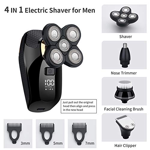 4 in 1 Electric Head Shaver Set - Bald Shaver, Wet & Dry, Cordless, with Nose & Ear Trimmer, Facial Cleansing, Rechargeable, IPX6 Waterproof