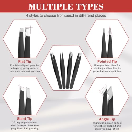 Tweezers Set, Hyxhappy 9 pcs Professional Stainless Steel Tweezers Kit for Facial Hair, Precision Plucker Eyebrow Tweezer Kit with Luxurious Travel Case as Stocking Stuffers Gifts for Women/men