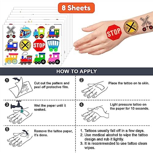Train Temporary Tattoos Themed Birthday Party Supplies Decorations Favors Decor Cute Stickers Tattoo 8 Sheets 96 PCS Gifts for Kids Boys Girls Classroom Rewards Prizes Christmas